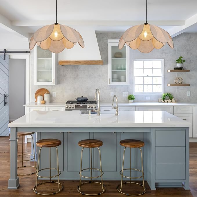 Large Linen Chandelier Fixture, 22in Rattan Chandelier Fixture, Woven Boho Coastal Pendant Lights, Wicker Hanging Ceiling Lights for Dining Room, Kitchen Island, Living Room, Bedroom