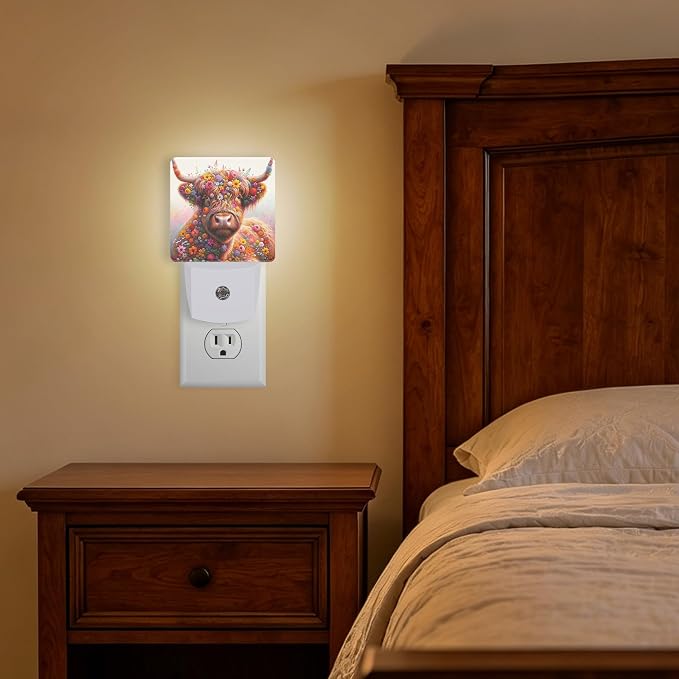 Night Lights Plug into Wall, Highland Cow Night Light with Dusk to Dawn Smart Sensor for Bedroom Bathroom Hallway Kitchen, Led Nightlights for Boys Girls Women Men