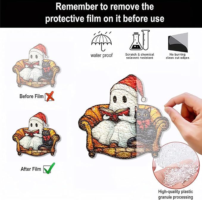 Christmas Tree Decorations Cute Cartoon Ghost & Cat Acrylic Suncatcher Stained Hanging Ornaments Designs DIY Crafts Indoor Outdoor Xmas Ghost Hanging Pendants for Christmas Tree Decor Accessories 1Pc