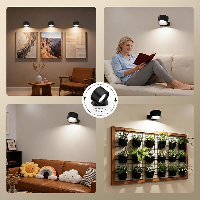 Rechargeable Wall Sconce, Dimmable LED Reading Light with Remote Control & Timer, 3 Color Temps Battery Operated Cordless Wall Lights for Living Room Hallway, 3 Pack - Black