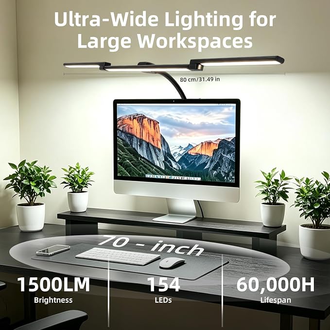 LED Desk Lamp with Clamp for Home Office, Wide Light for Dual Monitors | Wide triple-head lighting with 5 CCT, 10 brightness levels, flexible gooseneck, timer & memory for work or study