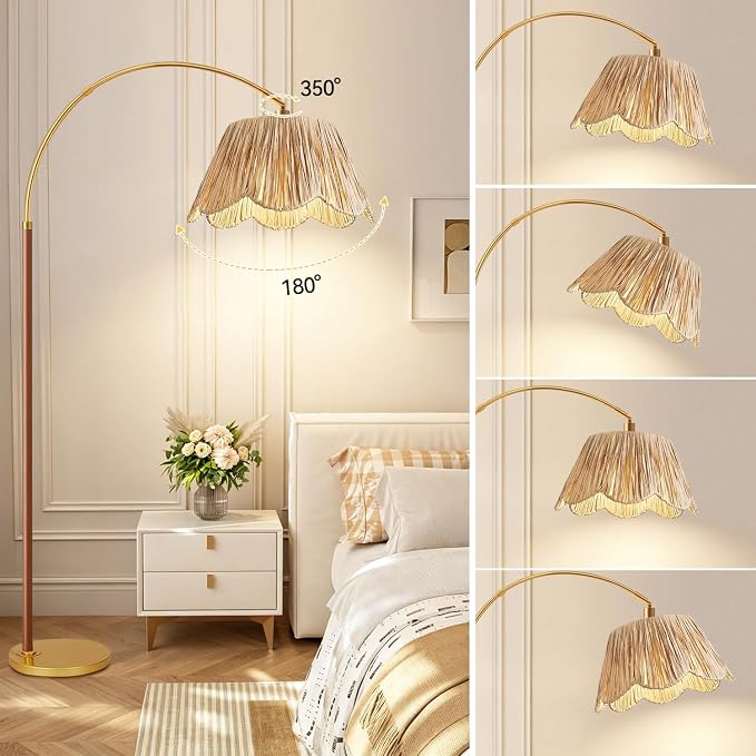 Vintage Arc Floor Lamps for Living Room Farmhouse Wood Floor Lamp with Remote Control,Dimmable Rattan Floor Lamp Boho Standing Lamp with 3 Color Temperature Wicker Tall Floor Lamp for Bedroom Corner