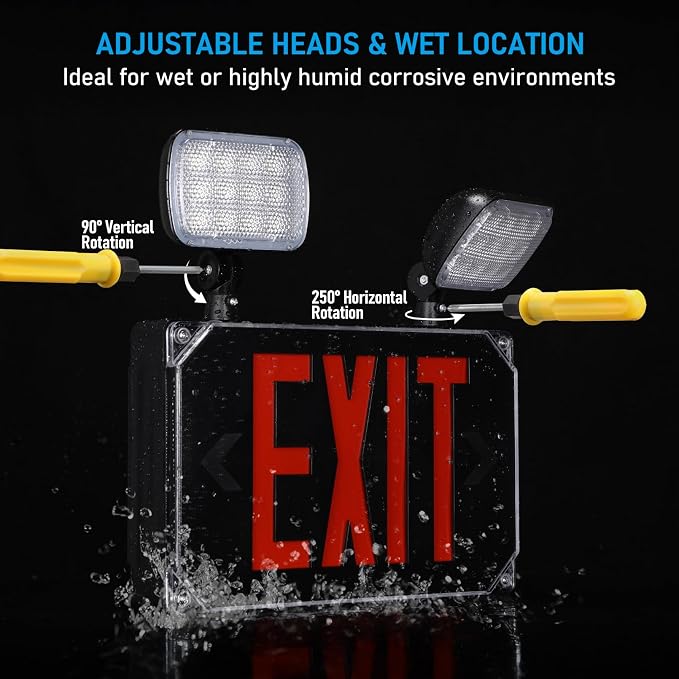 LEONLITE Wet Location LED Exit Sign with Emergency Lights Black | UL Listed, AC 120/277V, Outdoor Hardwired Red Letter Exit Light with Battery Backup, 2 Dual Heads, Double Face