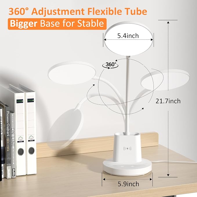 LED Desk Lamp with Wireless Charger for Home Office, White | 3 Color Modes Dimmable Eye-Caring Study Desk Light for College Dorm Room, 360° Flexible Arm, Built-in Pen Holder, 800 Lumen