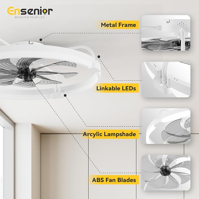 Ensenior 24 Inch Flush Mount Ceiling Fans with Lights, APP Control, White | Quiet Reversible Motor, Night Light Mode, 6 Speeds, 3CCT, Dimmable, Low Profile, Remote, Memory Function, Timer, Bedroom