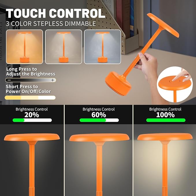 Cordless Rechargeable Modern Metal Table Lamp, Touch Dimming, 3-Color | Orange, 5200mAh Battery, Portable LED Desk Light, Touch Sensor, Suitable for Night Light/Restaurant/Night Stand/Coffee/Bar