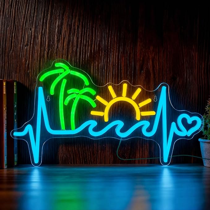 Sunset Neon Sign Dimmable Tropical Neon Light Tiki Bar Living Room Decor | Dimmable Ocean Wave and Palm Tree Theme Decor for Bedroom Patio Bar Party Beach House Tropical Style and Summer Gift Ideas