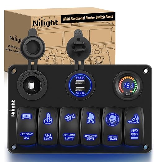 Nilight 6 Gang Rocker Switch Panel Laser Etched Aluminum LED Light Bar with Cigarette Lighter and Dual USB Charger Voltmeter for 12V-24V Cars Trailers UTV Boats RVs Campers