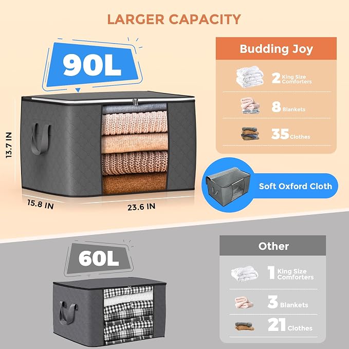 90L Large Storage Bags, 6 Pack Clothes Storage Bins Closet Organizers | Foldable Storage Containers, with Reinforced Handle, for Clothing, Blanket, Comforters, Bed Sheets, Pillows and Toys,Gray