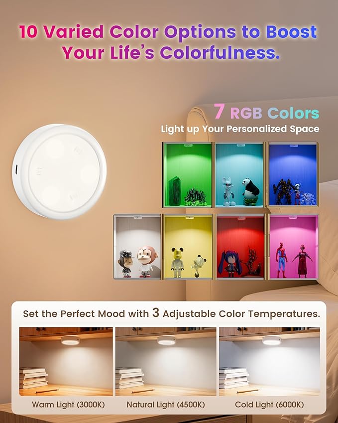HOLKPOILOT Puck Lights with Remote, 2000mAh Battery Operated Rechargeable Under Cabinet Lighting, 3 Color Temps & 7 RGB Colors, Magnetic Closet Light, White Wireless Puck Light for Kitchen, Shelf