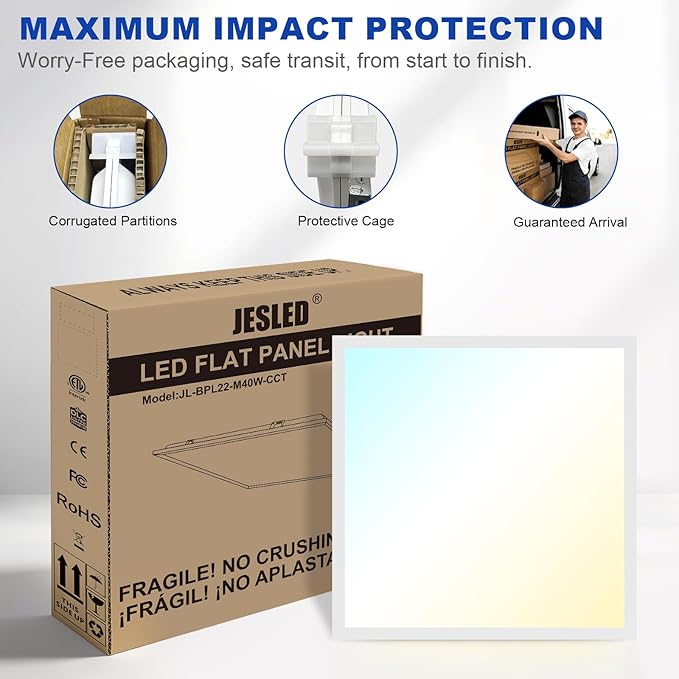 JESLED 12Pack 2x2 led Flat Panel Light, 6000LM, Drop Ceiling Lights Fixture for Office Kitchen Basement Laundry, 15W/20W/25W/30W/40W Selectable, 5CCT Switchable, 0-10V Dimmable, DLC ETL Listed