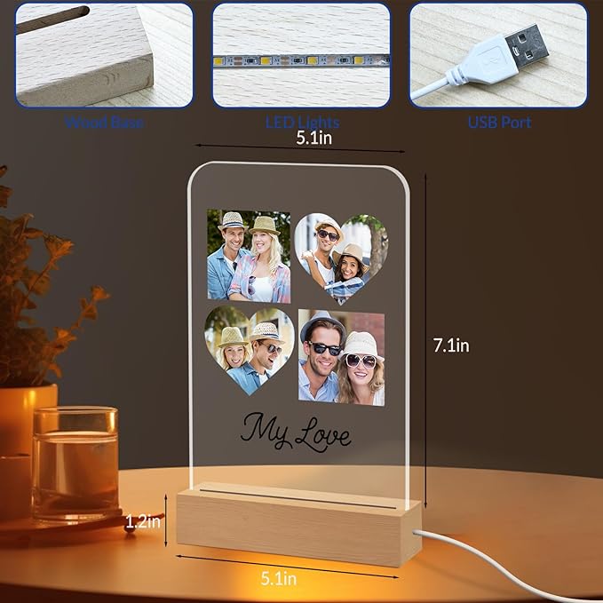 Personalized Night Light for Kids Custom Engraved Name Acrylic LED Lights with Wood Base for Nursery Bedroom Decor Night Lamp, Customized Birthday Gifts for Girls