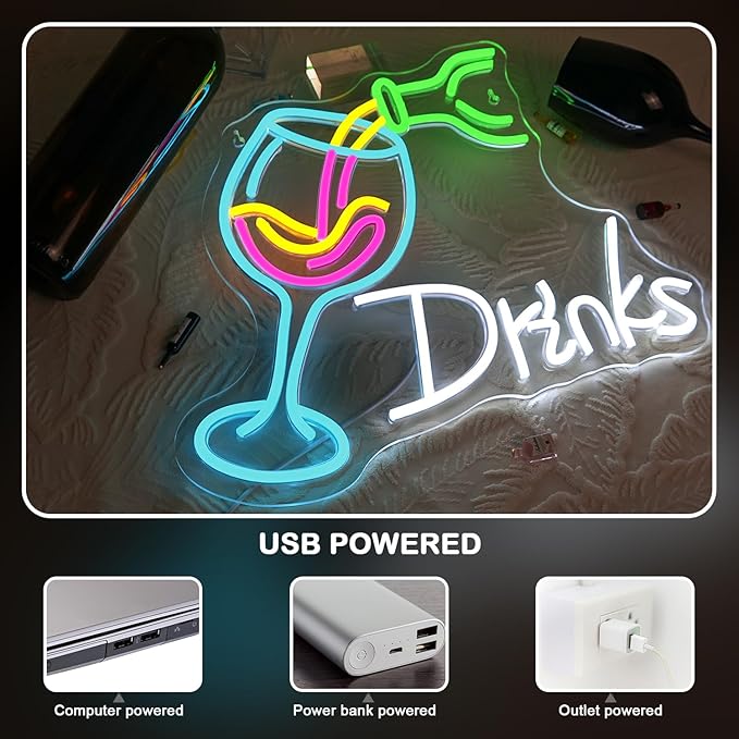 NOSUN Drink Neon Sign Neon Pouring Wine Drinking Alcohol LED Lights for Wall Decor USB Light Up Signs Home Beer Bar Bedroom Restaurant Man Cave Cafe Bistro Club Party Decorations Gift