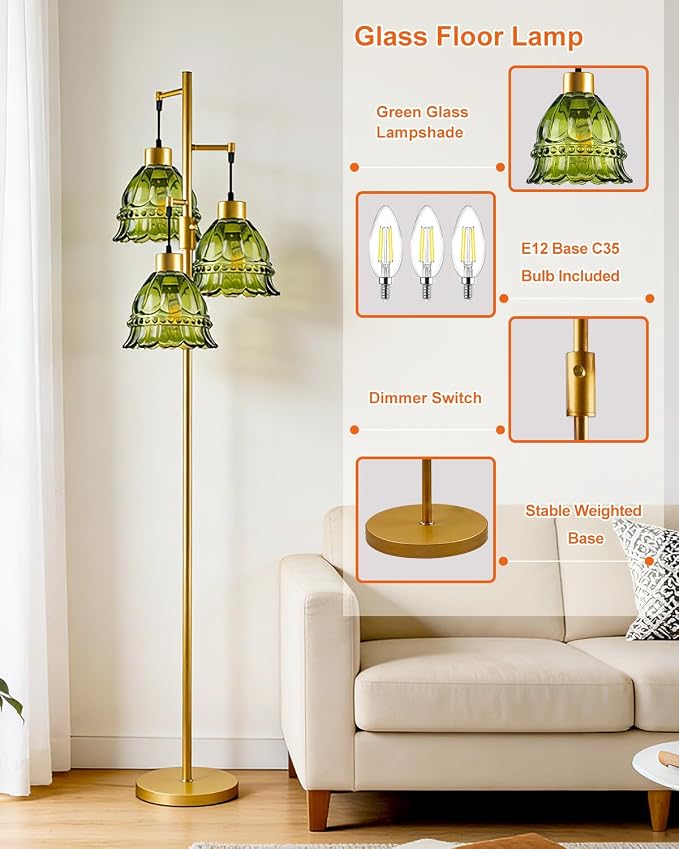 Lightdot 3-Lights Green Glass Floor Lamp Dimmable Gold Floor Lamp with Glass Shade 3000K Bulbs Included Unique Modern Standing Tall Lamp with 5Lbs Heavy Base for Living Room/Bedroom/Sofa Beside