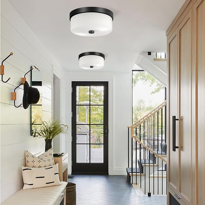 szzgco Black Flush Mount Ceiling Light Fixtures, 2-Light Ceiling Mount with Milky White Glass Lampshade, Industrial Flush Mount Light Fixture Farmhouse for Hallway, Kitchen, Entryway and Foyer