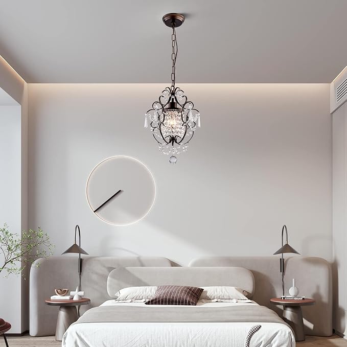 Modern Mini Crystal Chandelier,Iron Bronze Crystal Light Fixtures Ceiling Mount 1 Light Small Chandeliers for Bedroom Elegant Hanging Lighting for Girls Room Dining Room Closet Kitchen Island