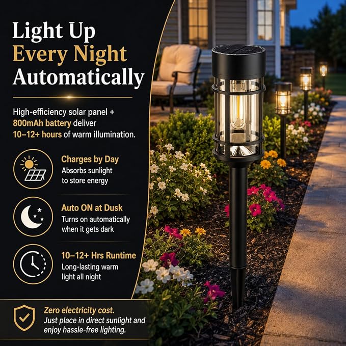 ILANCK 12 Pack Solar Lights Pathway Outdoor, Metal & Glass Large Solar Pathway Lights, Solar Powered Garden Lights for Yard, Landscape, Driveway Walkway