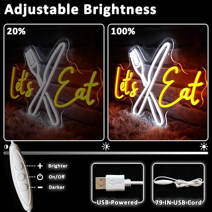 Let's Eat Neon Sign for Wall Decor Dimmable Knife Fork Led Sign for Restautant Lets Eat Neon Light for Kitchen Cafe Food Bar Cooking Dining Room Luncheonette Bistro Party Decoration