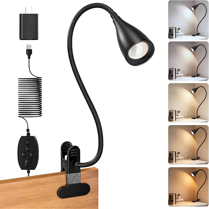 Reading Light for Book in Bed,Clip on Light Reading Lamp with Adapter Black | 5 Color Modes 10 Brightness, Flexible Eye-Caring Clip on Desk Lamp Book Light for Reading in Bed Headboard Bedside Bedroom