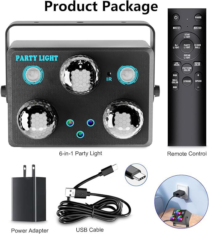 Disco Ball Party Lights,Pro 6 in 1 Disco Lights Sound Activated Dj Strobe with RGB&OGB Disco Balls,Laser Light Show,Ocean Lamp,Star Projector,2 RGB LEDs-Perfect for Disco Glow Party Rave Dance