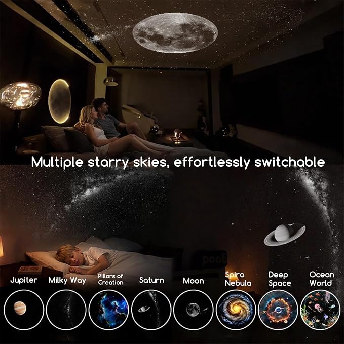2-in-1 Galaxy Projector Night Light with 12 Sliding Projection Films, Adjustable Brightness 360° Rotating Design and USB Power for Car and Bedroom Decoration for Adults and Kids