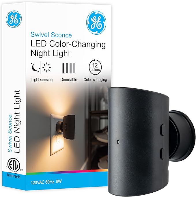GE Directional LED Swivel Sconce Night Light, Plug-in, Color-Changing & Dimmable, Warm White, Dusk-to-Dawn Sensor, Adjustable for Hallway, Bedroom, Stairway – 1 Pack (82573)