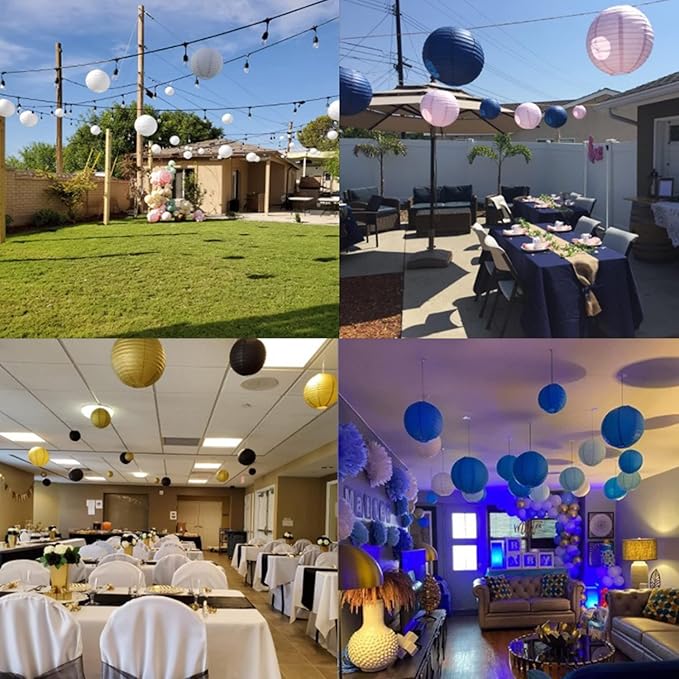 12pcs Black Paper Lanterns with 12pcs White LED Lights, 6" 8" 10" 12" Round Hanging Chinese/Japanese Ball Lantern for Wedding Anniversary Birthday Party Decorations