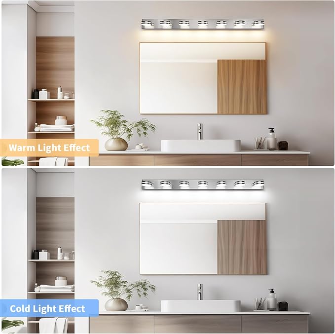 Modern Bathroom Light Fixtures Over Mirror 7 Light Vanity Light | 55.12in 42W LED Dimmable Bath Lights, Wall Mounted Lighting Fixture with Rotating Lamp Head, Acrylic Metal, 5CCT Dimmable