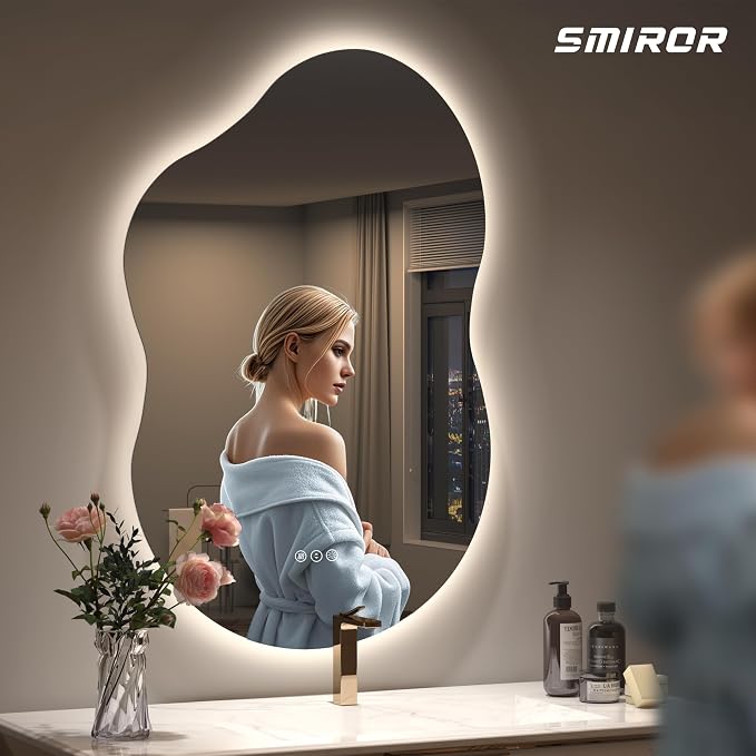 SMIROR 60x32 Irregular Backlit Led Lighted Bathroom Vanity Mirror | Asymmetrical, Cloud Shape, Anti-Fog, 3 Colors, Dimmable, Memory, Tempered Glass, UL