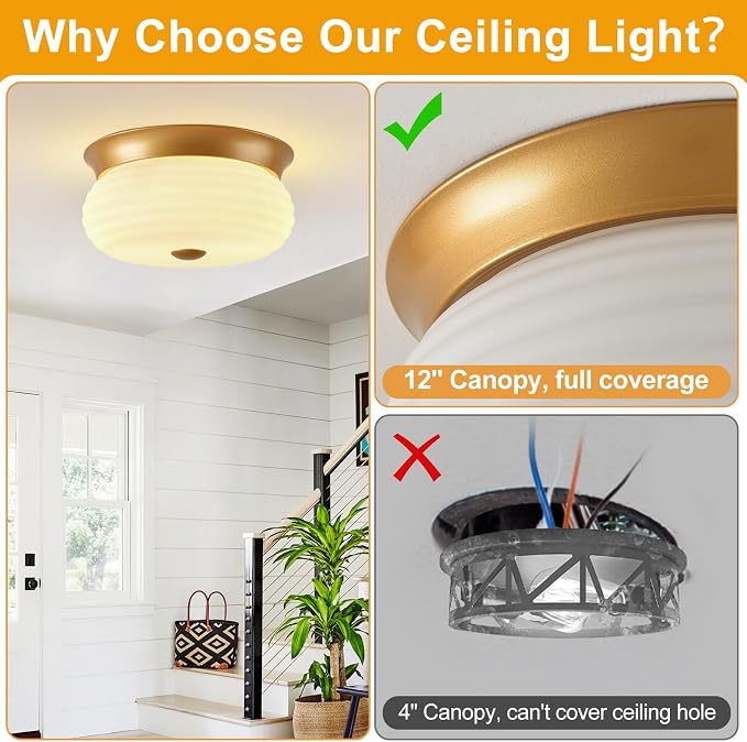 Gold Flush Mount Ceiling Light Fixtures, 2-Light Ceiling Mount for Modern with Clear Milk Glass Shade, Industrial Flush Mount Light Fixture Farmhouse for Hallway Kitchen Bedroom Entryway Foyer