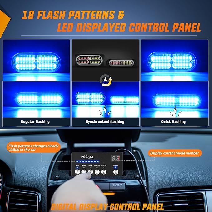 Nilight 8PCS Led Strobe Lights with Controller 12V 24V Sync Feature Blue Emergency Hazard Warning Light 12 24 LED Surface Mount for Vehicle Car Truck RV ATV