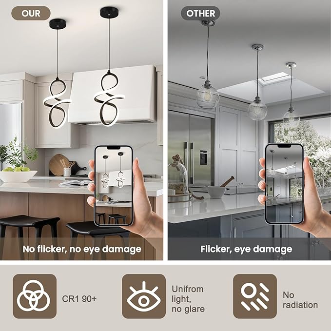 4000K Modern LED Pendant Lights, 24W LED Pendant Lights Kitchen Island Lighting, Black Adjustable Height Hanging Light Fixture for Kitchen Study Corridor Stairs Dining Room, 1 Pack