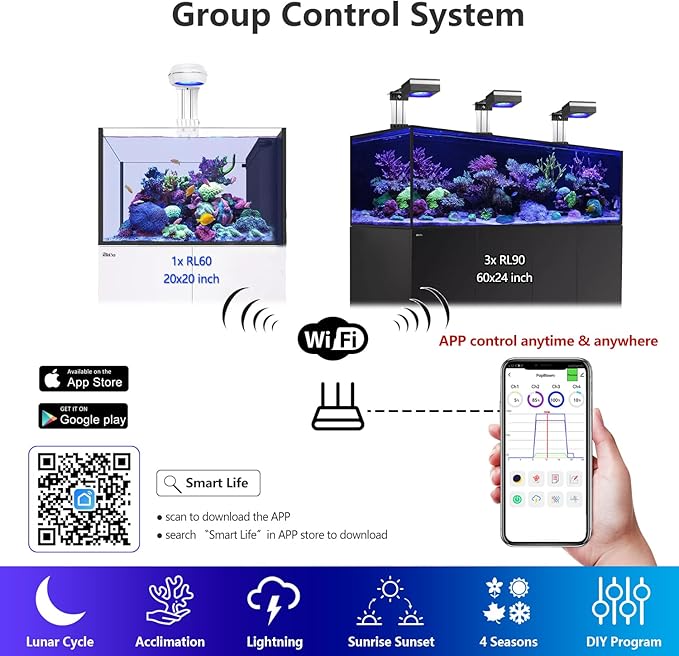 PopBloom RL90 Full Spectrum Reef Light WiFi Marine Reef LED Aquarium Light Saltwater Aquarium Fish Tank Lamp (100W WiFi Black)