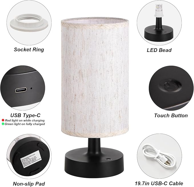 Kakanuo Small Cordless Table Lamp with Rechargeable Battery, Black, 1 Pack | Touch Stepless Dimming, 3000K Warm Light, Beige Fabric Shade, 30H at Full Brightness, for Bedside, Bedroom and Living room