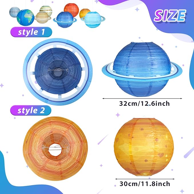8pcs Planet Paper Lanterns, 12 Inch Outer Space Party Decorations | Solar System Hanging Planets Lantern, for Kids, Space Theme Party, Birthday Room Decorations