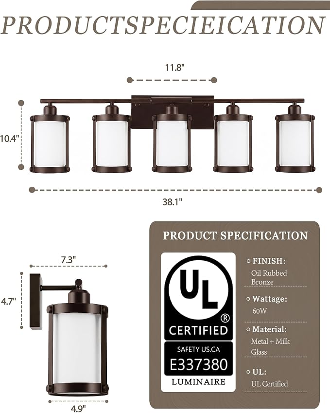 5-Light Oil Rubbed Bronze Bathroom Light Fixtures Over Mirror with Frosted Milk Glass and Metal Cage Shade, 38" UL-Listed Modern Farmhouse Wall Sconce for Bath, Hardwire E26, OS-3014ORBW-5W