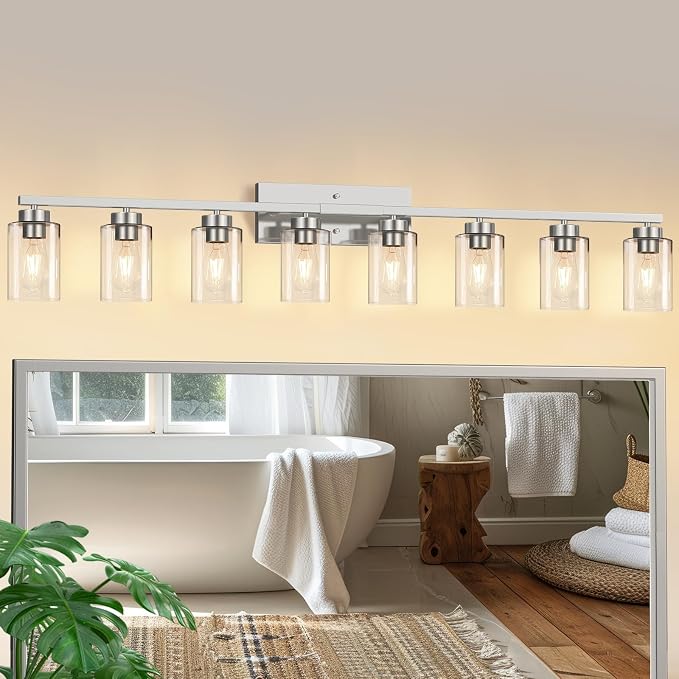 IZORRO Modern Bathroom Light Fixtures, 8 Light Brushed Nickel Vanity Lights, Bathroom Lighting Fixtures Over Mirror with Clear Glass for Living Room Cabinet Bedroom