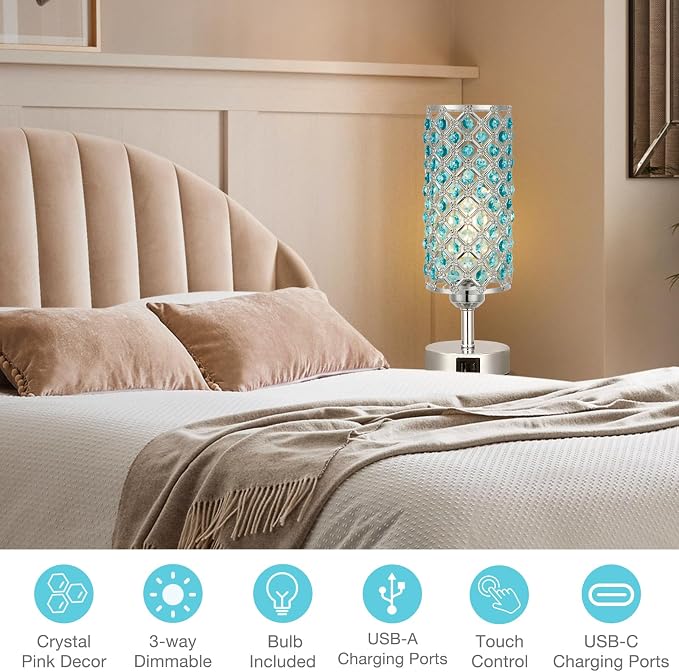 Hong-in Blue Crystal Table Lamp - 3-Way Dimmable Touch Control, Bedside Lamp with USB C and A Ports, Nightstand Light for Living Room, Bedroom, Home Office (Bulb Included)
