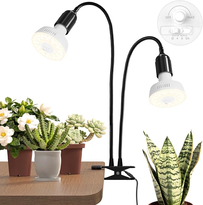 Barrina OG11A2 Clip On Grow Light for Indoor Plants, 4000K 22W(2 x 11W) | Integrated Stepless Dimming & Timing, Full Spectrum, High PPFD, 2-Gooseneck with E26 Plant Light Bulbs