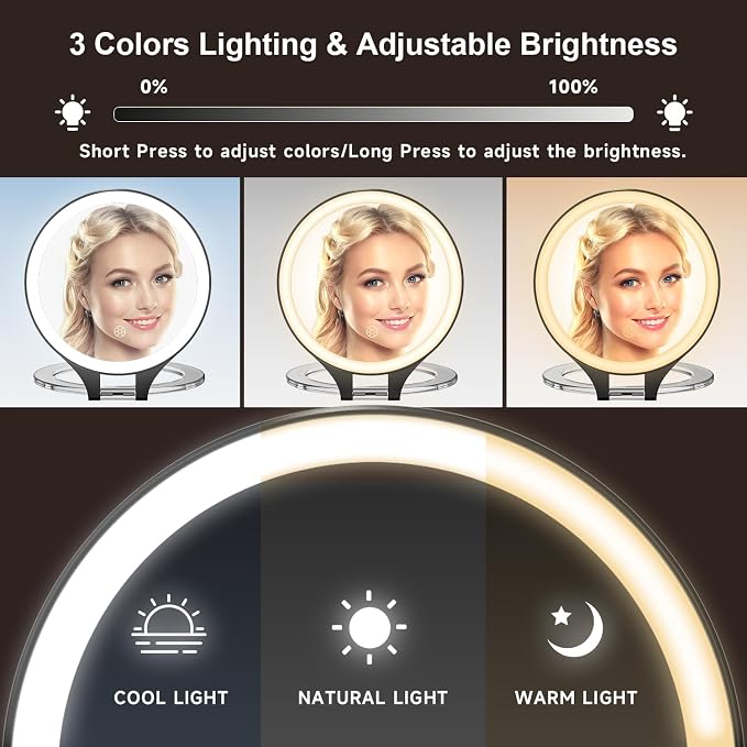 Mocado 1X/20X Magnifying Mirror with Light, Travel Makeup Mirror with Light | Double Sides Travel Mirror with 3 Color Light, Dimmable Touch, 1500mAh Rechargeable, Brightness Adjustable(Black)