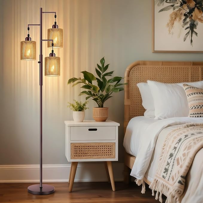Hotsonic 72" Rattan Boho Floor Lamp, Tall Dimmable Standing Lamp with Handcrafted Brown Shades, Industrial Tree Floor Lamps for Living Room, Bedroom, Study Room, Office (3 x 800LM LED Bulbs Included)