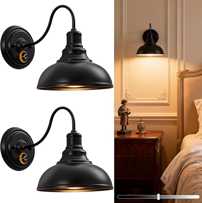 Lightess Wall Sconce with Switch Dimmable Wall Mounted Bedside Lamps 2 Pack | Industrial Farmhouse Gooseneck Dimmer Switch Matte Black Wall Mounted Lights For Bedroom Bedside Decor Set of 2