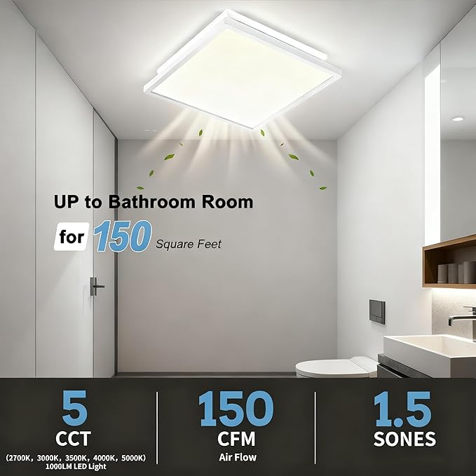 Tech Drive Bathroom Exhaust Fan with Light - 150 CFM, 1000lm Dimmable 5CCT LED Light with Night Light Selectable, 6-Inch Duct Quiet Ventilation Fan, Decorative White Trim, Easy to Install