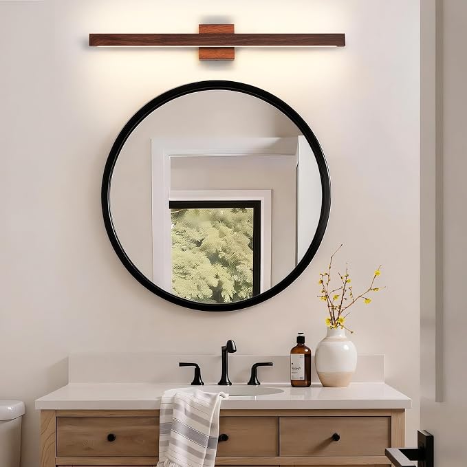 Modern Bathroom Light Fixtures Over Mirror, 32 Inch Brown Wood Finish Vanity Light Bar 26W Dimmable 5CCT LED Vanity Lights for Bathroom Wall Lighting Fixtures Over Mirror