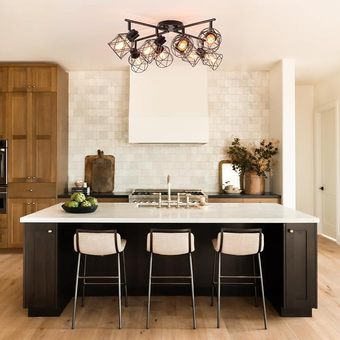 BUXVRCS 8 Lights Black Adjustable Multi-Directional Kitchen Light Fixtures | Track Lighting Fixtures, Metal Cage, Modern Minimalist Style, Spotlight Fixtures for Dining Room, E26 Socket