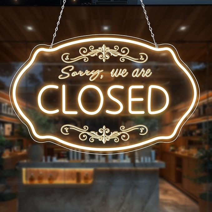 LED Neon Closed Sign for Business, 16.5x10'' Sorry We’re Closed Signs, Warm White Adjustable Brightness Neon Lights for Party, Bar, Salon, Stores, Hotel, Wall Decor, Clubs, office, Hotels