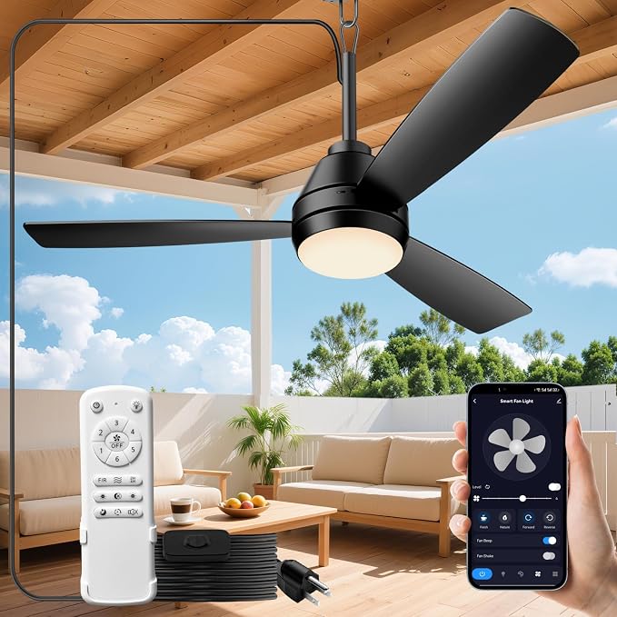 PBLALA 42" Outdoor Ceiling Fans with Lights,Plug in Ceiling Fan Light,Gazebo Fan Light,Hanging with Hook,45W,3CCT,App&Remote Control,6-Speeds,DC Motor,Portable Fan for Patios,Pergola