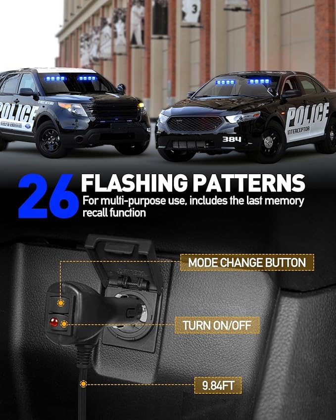 HLauto 2002L Emergency Dash Strobe Lights: Blue Safety Lights, Flashing Warning Hazard Windshield Visor Traffic Light Bars for Trucks, Construction Vehicles (2x8.5 inch, 48LED)