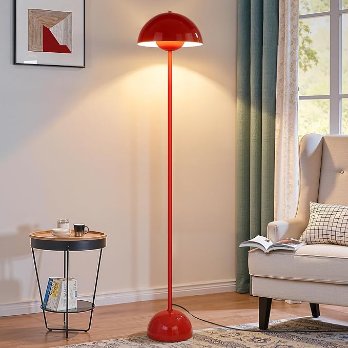 Coucrek Red Floor Lamp, 66'' Industrial Standing Lamp for Living Room | Tall Lamp with Unique Reflecting Shade, Mid Century Modern Ambient Lighting for Bedroom Corner