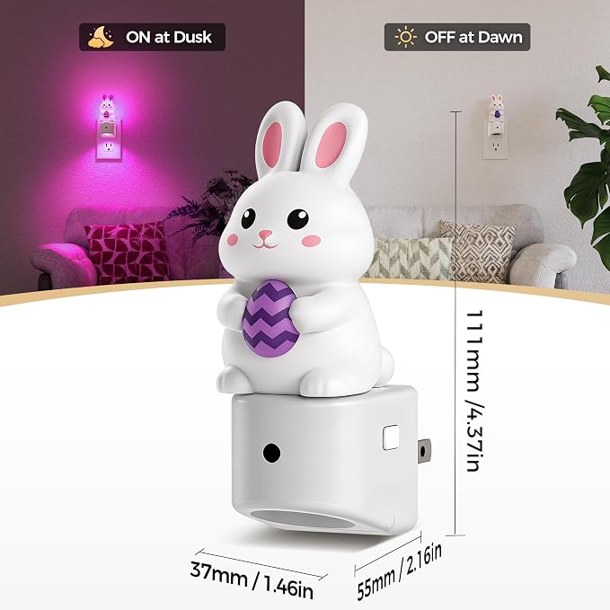 Night Light for Kids,Bunny Night Lights Plug into Wall,2 Pack | 8 Colors+ Soft White 3000K Nightlight,Dusk to Dawn Sensor,Nightlights for Kids Room Bedroom,Birthday Gift,2 Packs